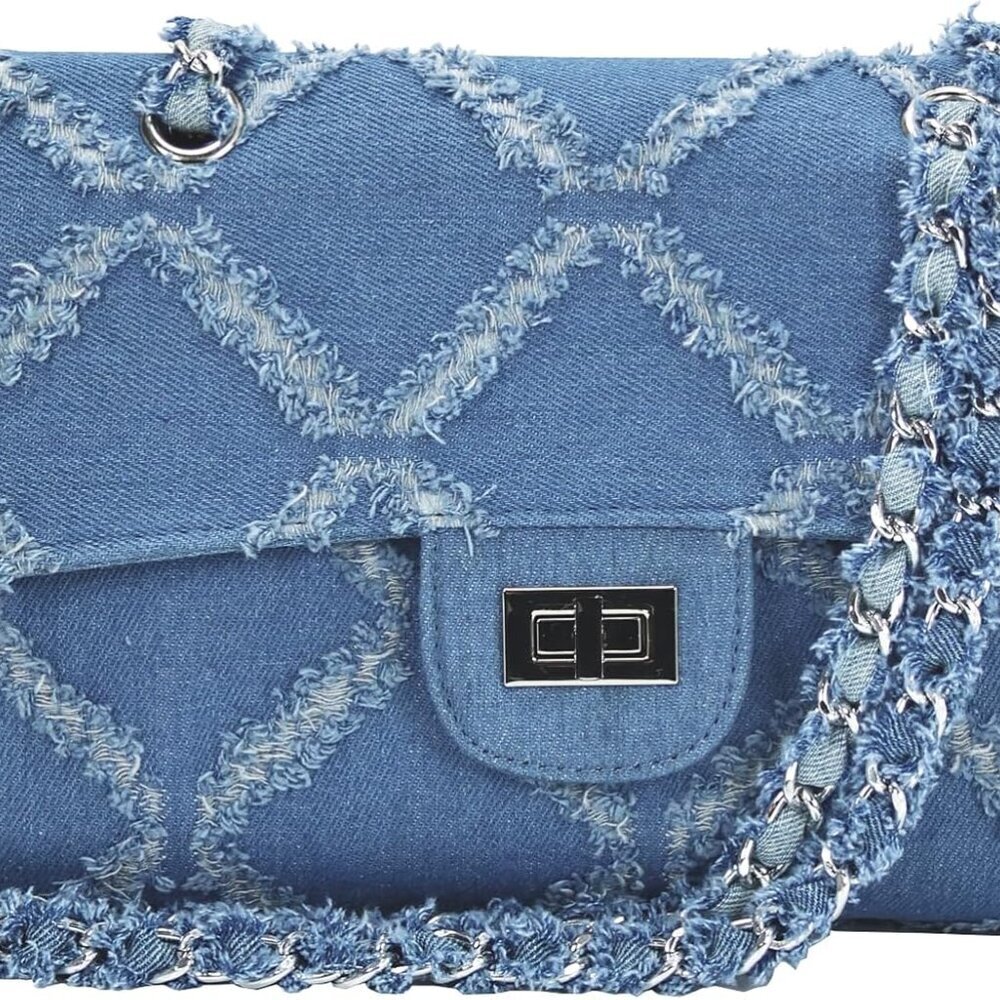 Denim Purse for Women Quilted Crossbody Bag, Trendy Ladies Shoulder Bag Medium F